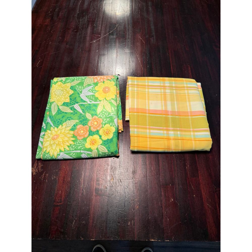 Retro 1970s Floral & Plaid Large Oval Tablecloths - Fun Fabric Prints - 68” Long